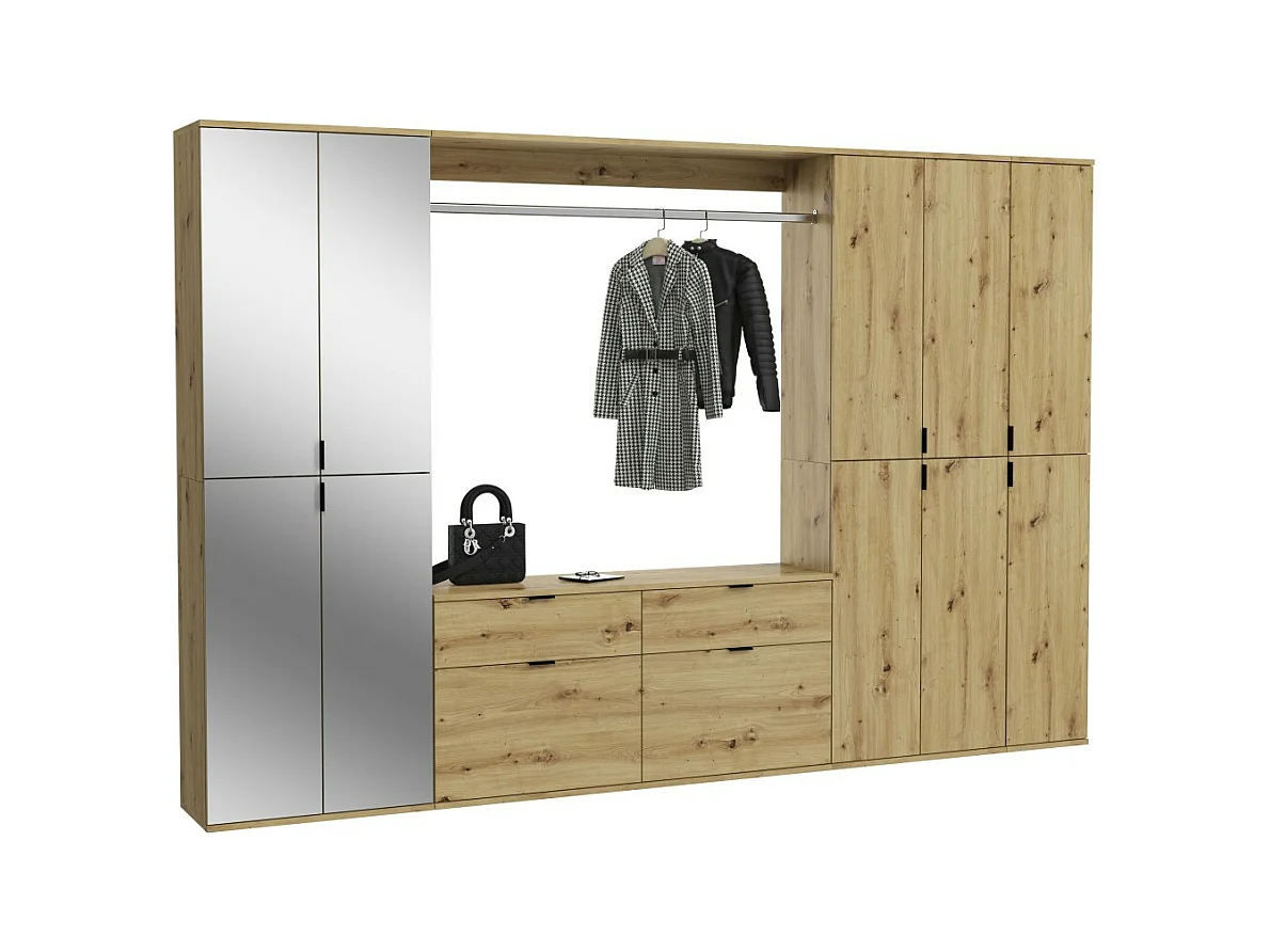 Armoire de rangement 10 portes avec miroirs + penderie + 4 tiroirs – Chêne clair – BODITE