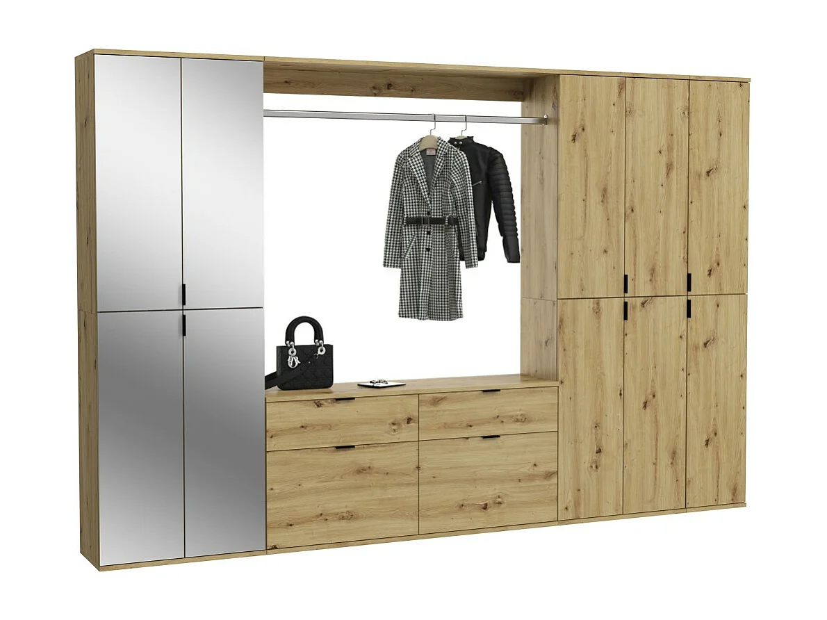 Armario de almacenamiento 10 puertas con espejos + armario + 4 cajones - Roble claro - BODITE