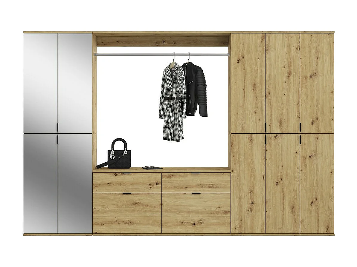 Armario de almacenamiento 10 puertas con espejos + armario + 4 cajones - Roble claro - BODITE