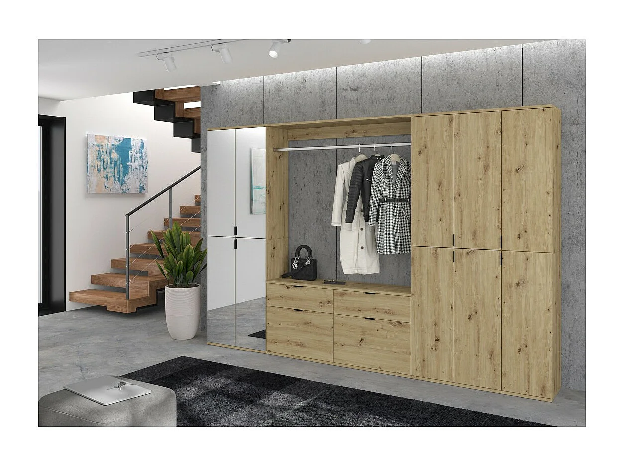 Armario de almacenamiento 10 puertas con espejos + armario + 4 cajones - Roble claro - BODITE