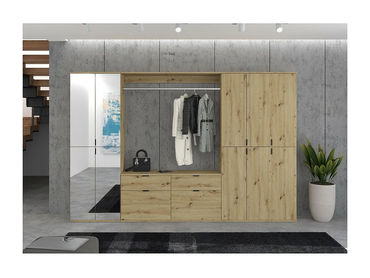 Armario de almacenamiento 10 puertas con espejos + armario + 4 cajones - Roble claro - BODITE