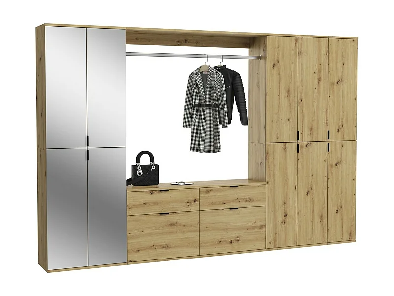 Armário de armazenamento 10 portas com espelhos + cabideiro + 4 gavetas – Carvalho claro – BODITE