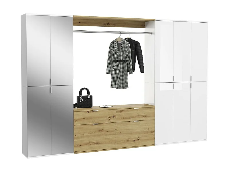 Armario de almacenamiento 10 puertas, 4 espejos, 4 cajones y un armario ropero – Blanco y roble – BODITE
