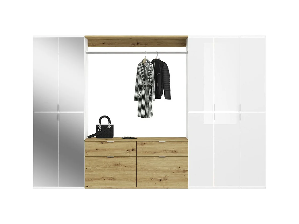 Armário de armazenamento 10 portas, 4 espelhos, 4 gavetas e um cabideiro – Branco e carvalho – BODITE