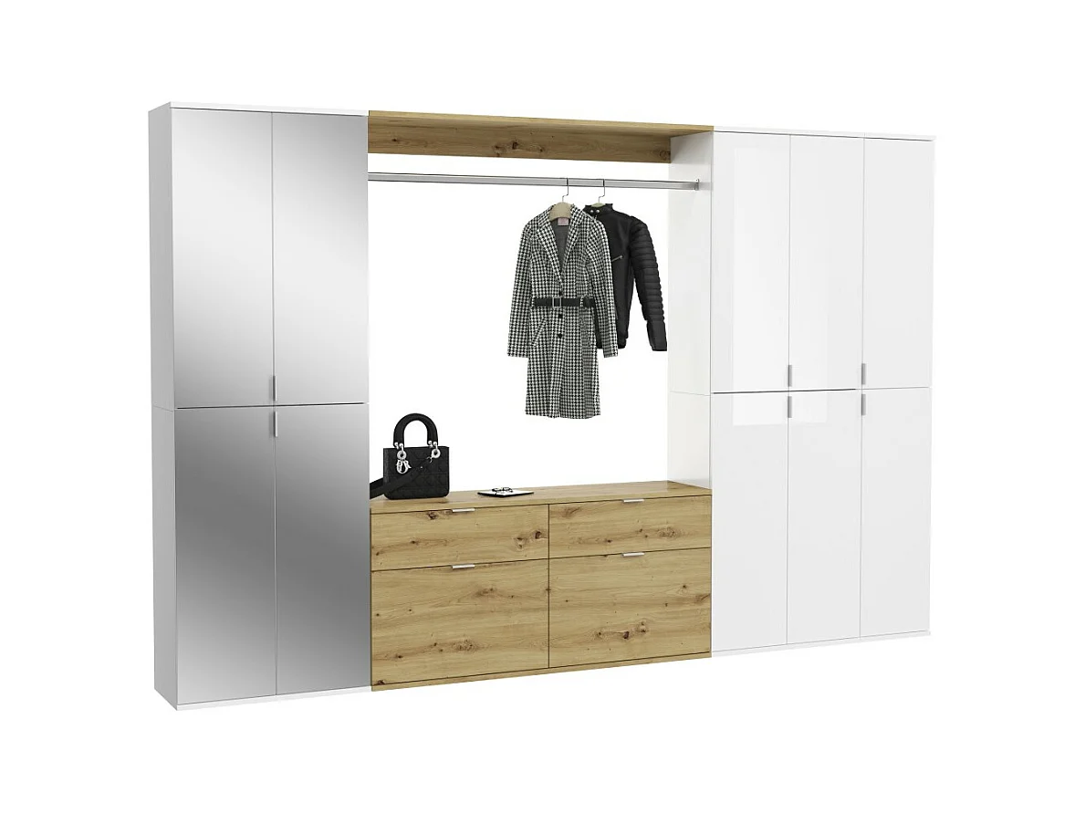 Armoire de rangement 10 portes, 4 miroirs, 4 tiroirs et une penderie – Blanc et chêne – BODITE