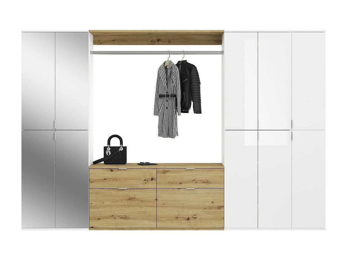 Armário de armazenamento 10 portas, 4 espelhos, 4 gavetas e um cabideiro – Branco e carvalho – BODITE