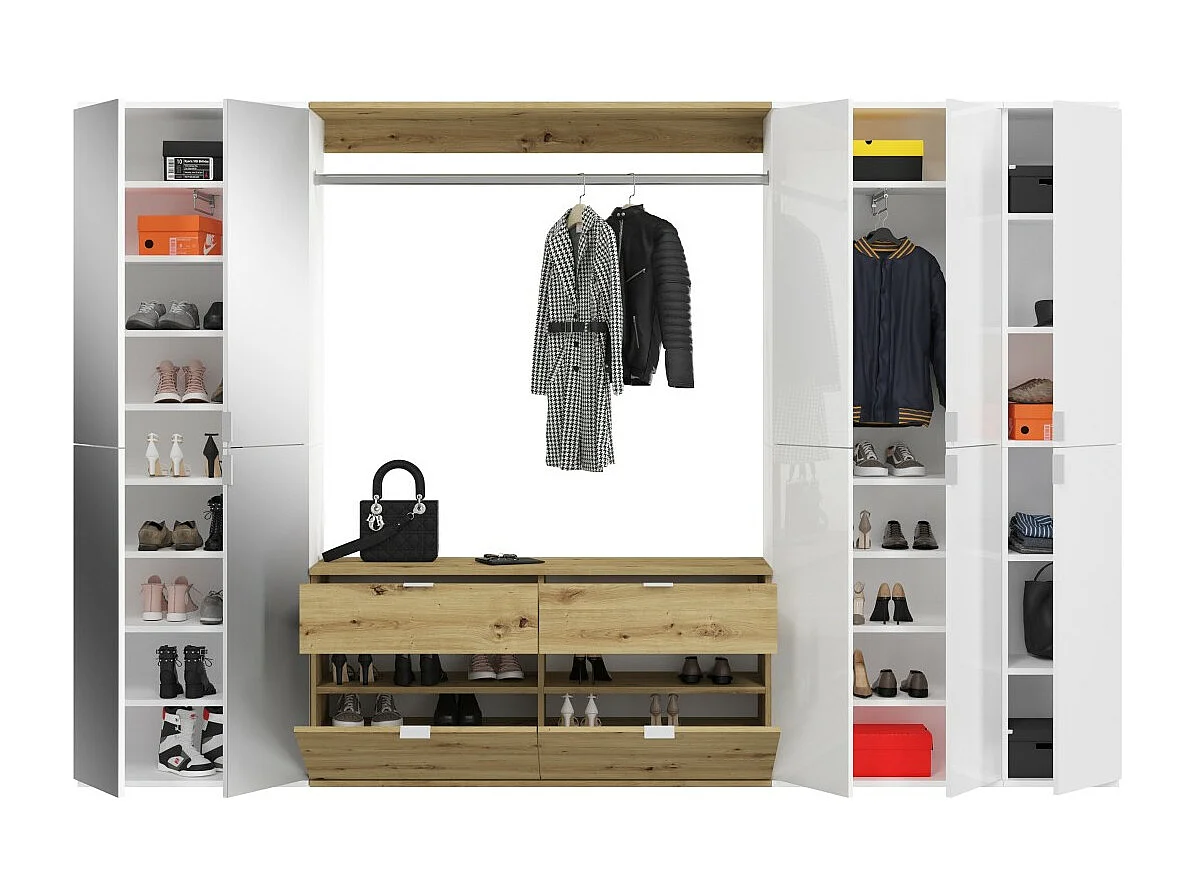 Armário de armazenamento 10 portas, 4 espelhos, 4 gavetas e um cabideiro – Branco e carvalho – BODITE