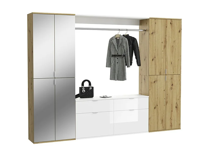 Armario de almacenamiento 8 puertas, 4 espejos, 4 cajones y un armario ropero – Blanco y roble – BODITE