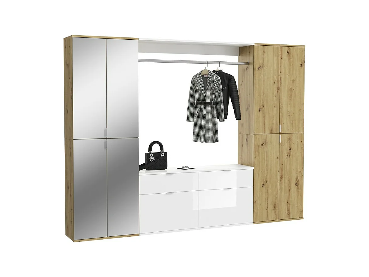 Armoire de rangement 8 portes, 4 miroirs, 4 tiroirs et une penderie – Blanc et chêne – BODITE