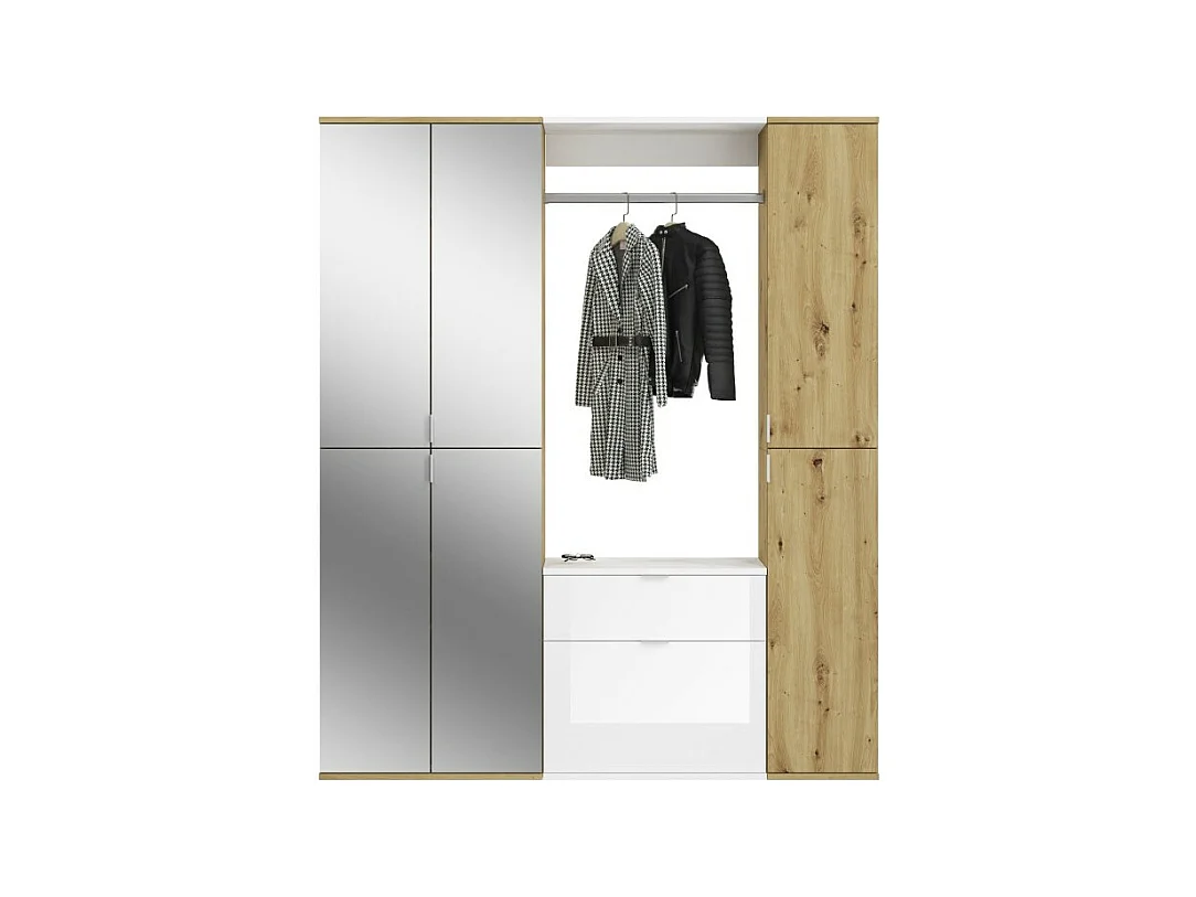 Armario de almacenamiento 6 puertas, 4 espejos, 2 cajones y un armario ropero – Blanco y roble – BODITE