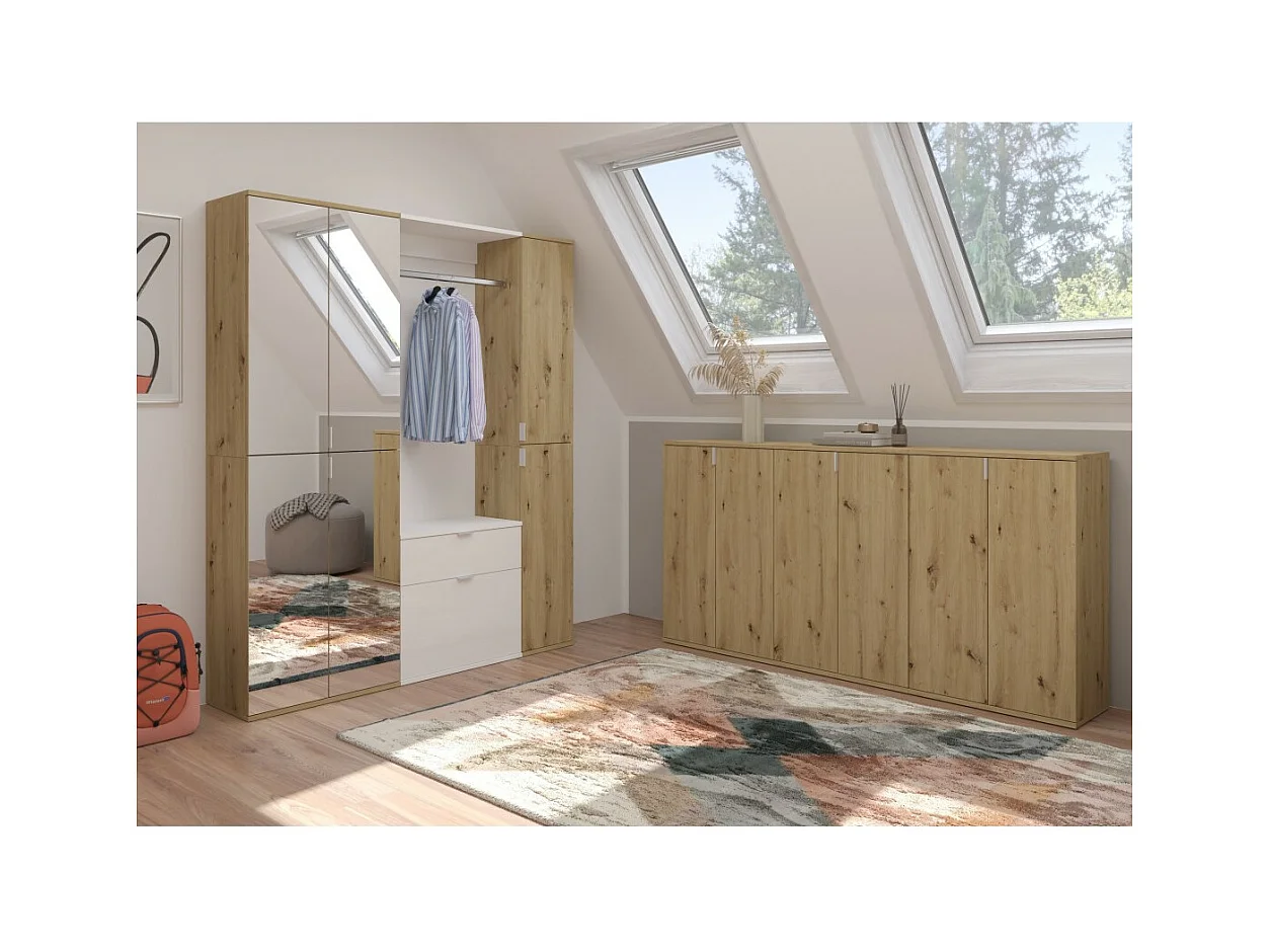 Armario de almacenamiento 6 puertas, 4 espejos, 2 cajones y un armario ropero – Blanco y roble – BODITE