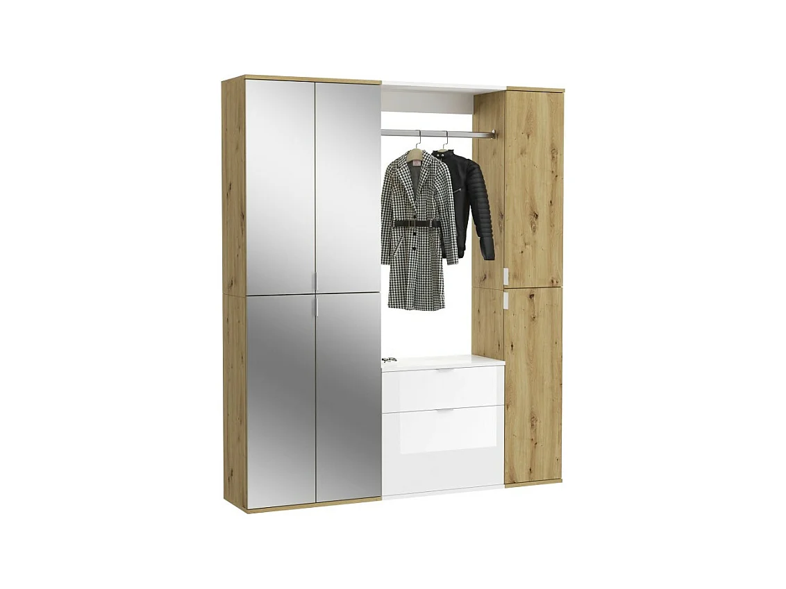 Armoire de rangement 6 portes, 4 miroirs, 2 tiroirs et une penderie – Blanc et chêne – BODITE