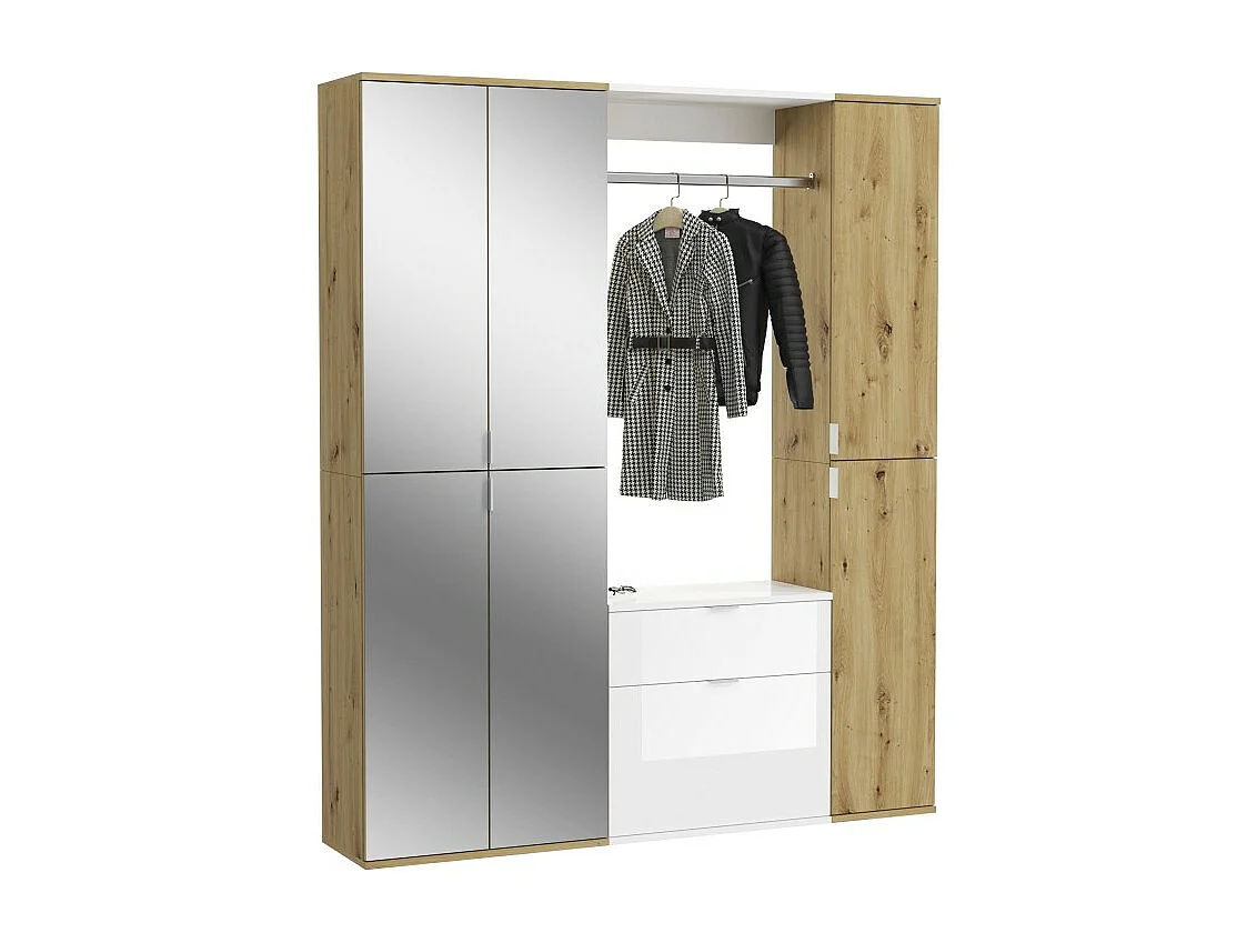 Armario de almacenamiento 6 puertas, 4 espejos, 2 cajones y un armario ropero – Blanco y roble – BODITE