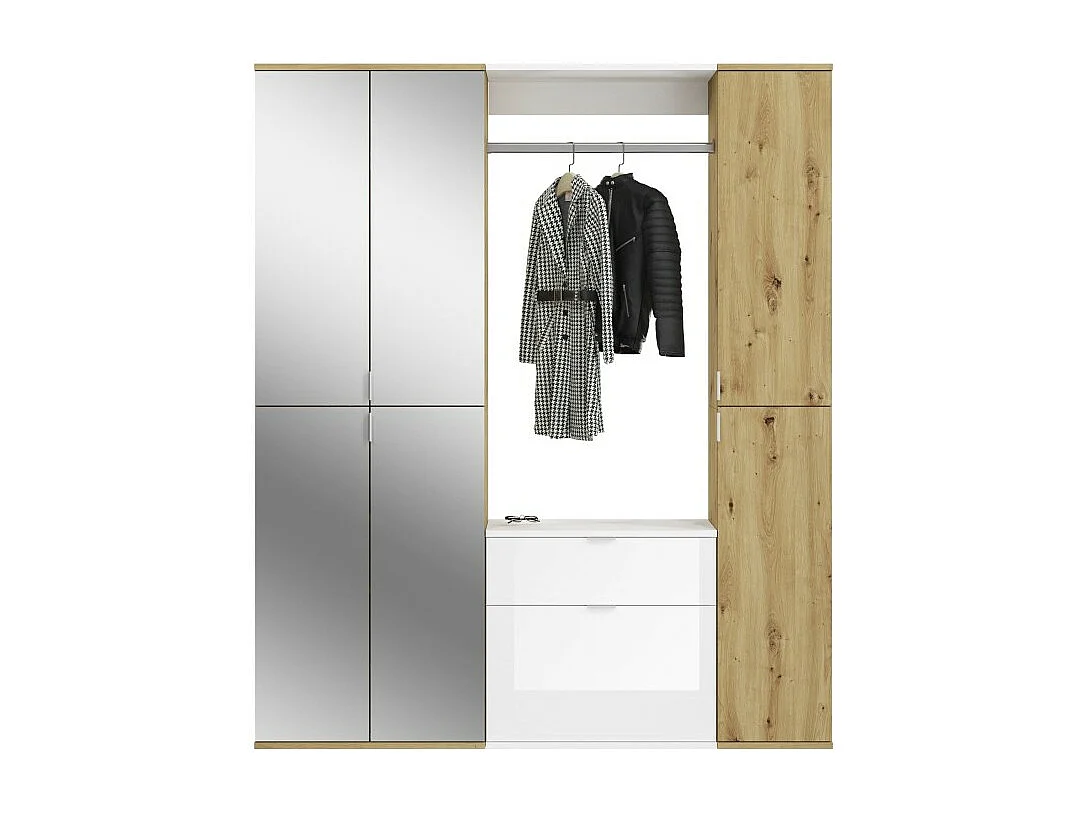 Armario de almacenamiento 6 puertas, 4 espejos, 2 cajones y un armario ropero – Blanco y roble – BODITE