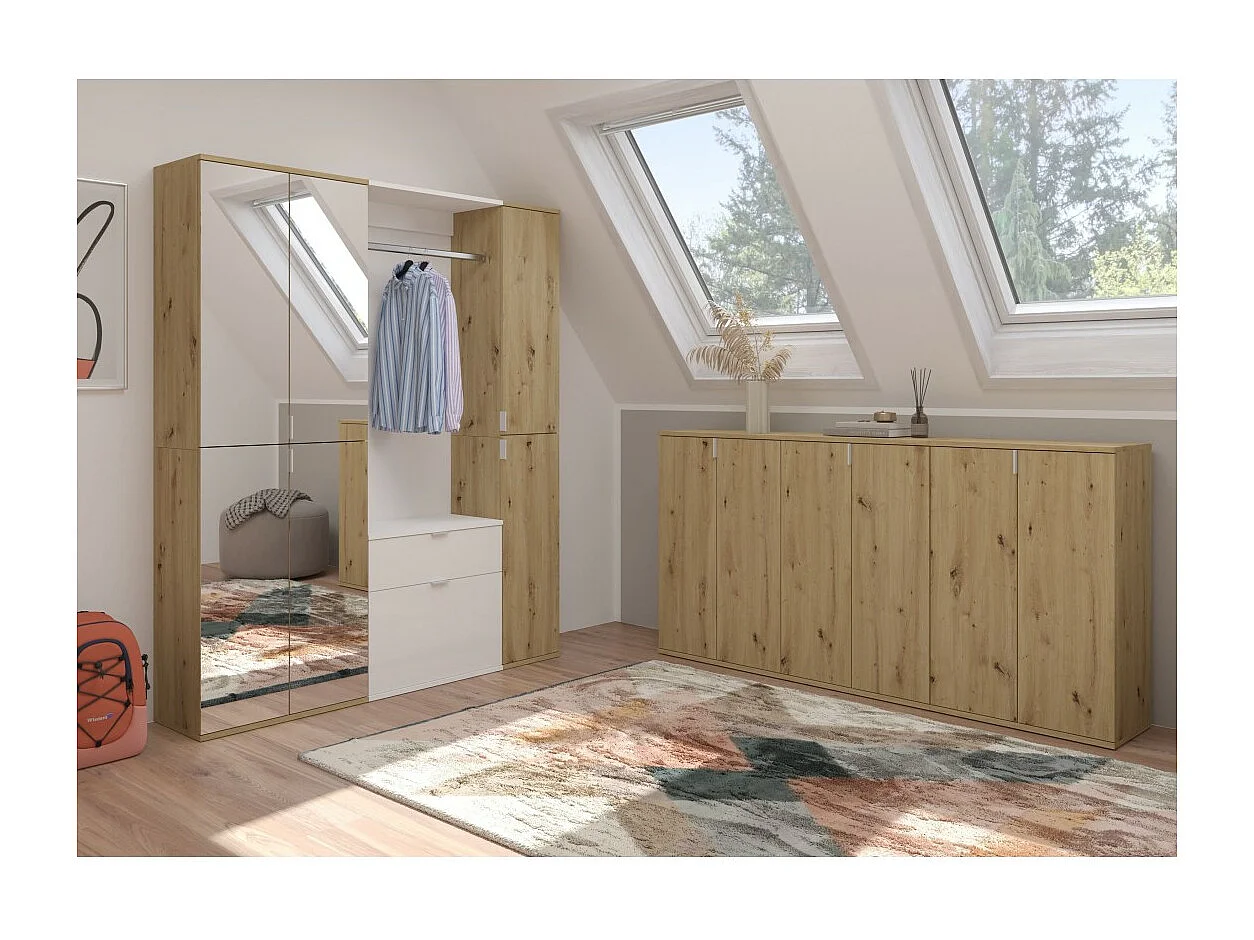 Armario de almacenamiento 6 puertas, 4 espejos, 2 cajones y un armario ropero – Blanco y roble – BODITE