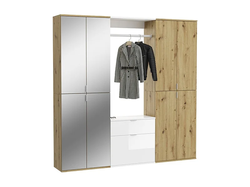 Armario de almacenamiento 8 puertas, 4 espejos, 2 cajones y un armario ropero – Blanco y roble – BODITE