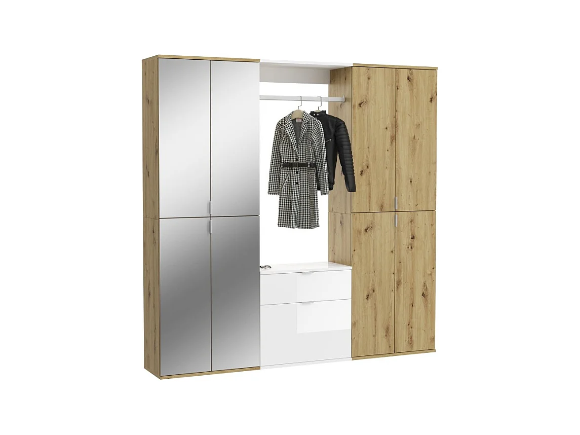 Armoire de rangement 8 portes, 4 miroirs, 2 tiroirs et une penderie – Blanc et chêne – BODITE