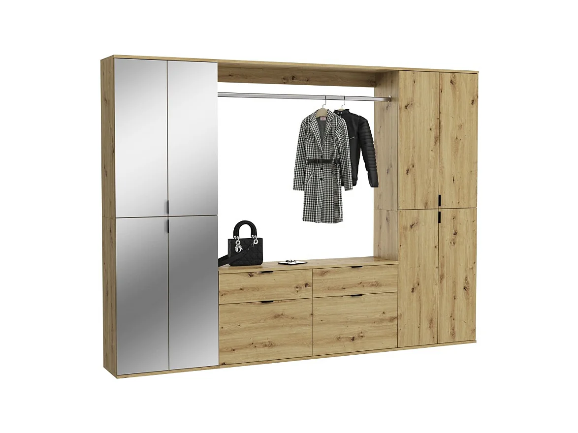 Armoire de rangement 8 portes avec miroirs + penderie + tiroirs – Chêne clair – BODITE