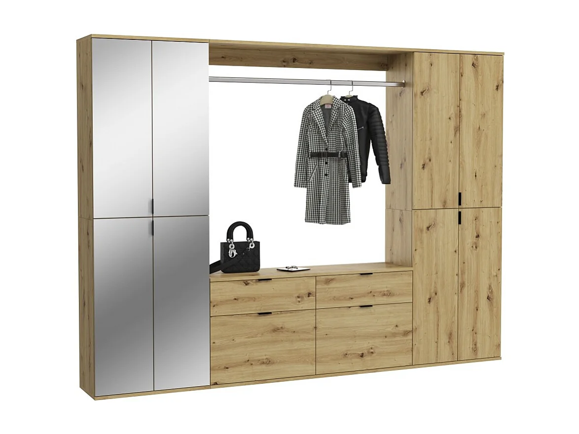 Armario de almacenamiento de 8 puertas con espejos + ropero + cajones – Roble claro – BODITE