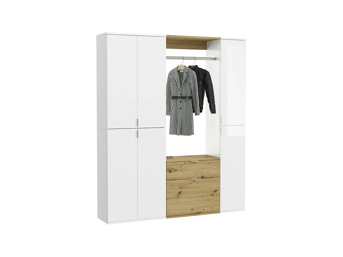 Armoire de rangement 6 portes, 4 tiroirs et 1 penderie – Blanc et chêne – BODITE