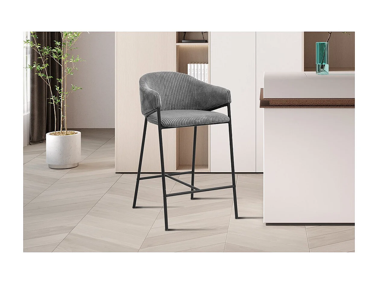 Chaise de comptoir IMANY – Velours côtelé gris foncé – Avec accoudoirs – Pieds en métal noir – Style design/industriel