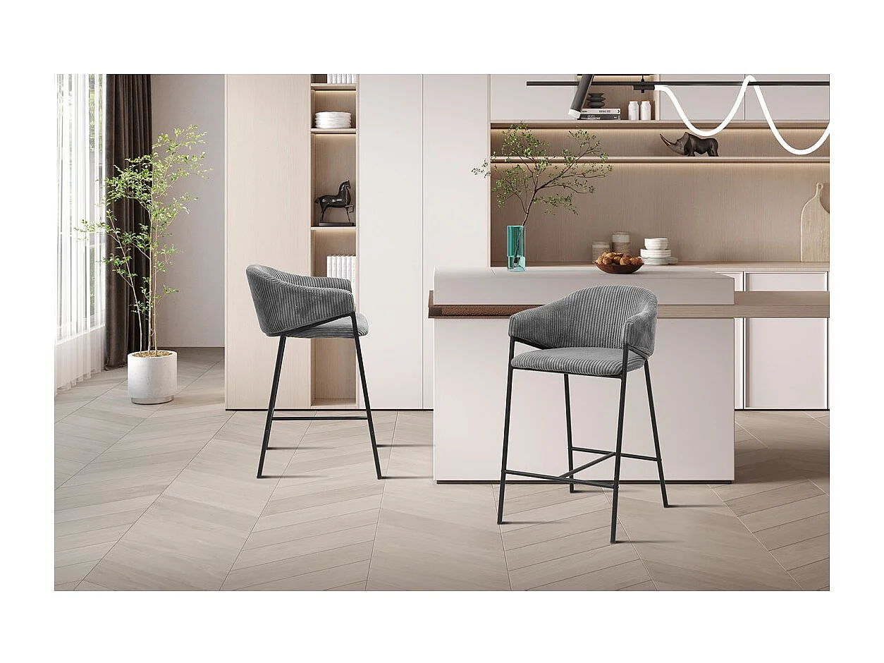 Chaise de comptoir IMANY – Velours côtelé gris foncé – Avec accoudoirs – Pieds en métal noir – Style design/industriel