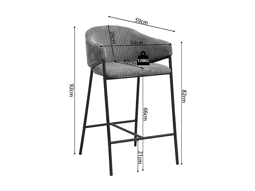 Chaise de comptoir IMANY – Velours côtelé gris foncé – Avec accoudoirs – Pieds en métal noir – Style design/industriel