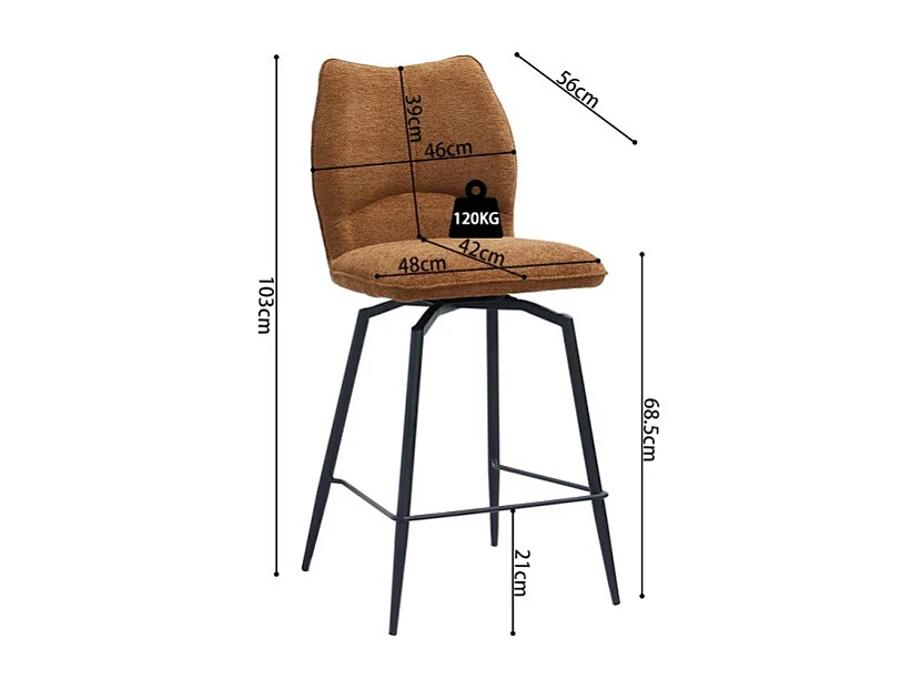 Silla de mostrador giratoria CROFT – Tela marrón óxido – Patas de metal negro – Altura 103 cm – Estilo diseño/industrial