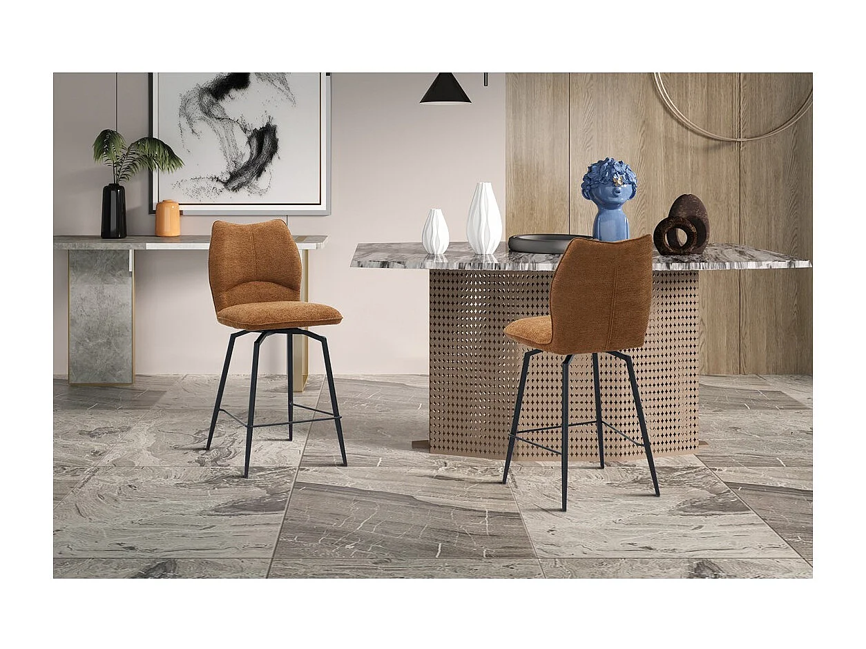 Silla de mostrador giratoria CROFT – Tela marrón óxido – Patas de metal negro – Altura 103 cm – Estilo diseño/industrial