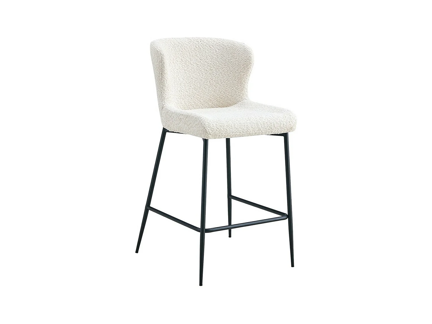 Chaise de comptoir LISE – Tissu bouclé coloris blanc écru – Pieds en métal noir – Style design/industriel