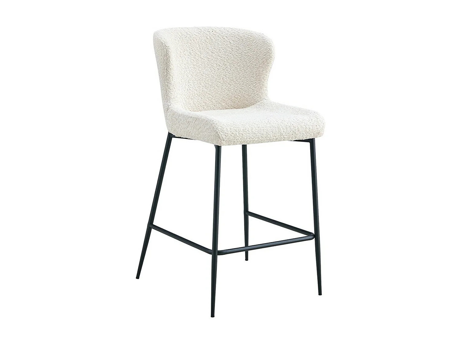 Chaise de comptoir LISE – Tissu bouclé coloris blanc écru – Pieds en métal noir – Style design/industriel