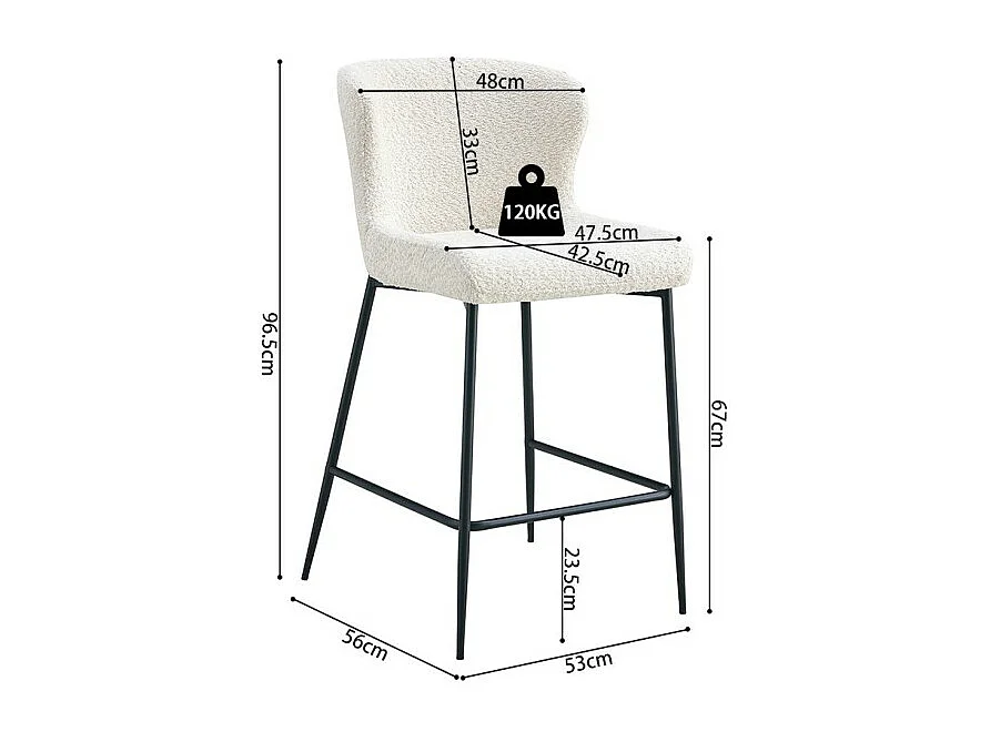 Chaise de comptoir LISE – Tissu bouclé coloris blanc écru – Pieds en métal noir – Style design/industriel