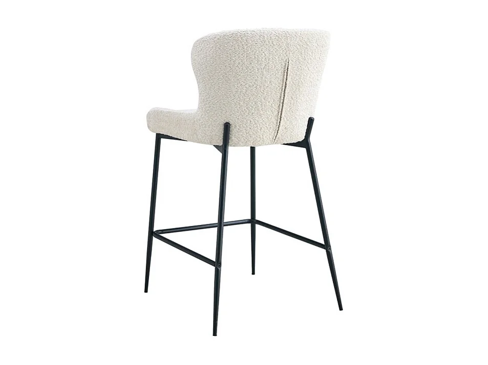 Chaise de comptoir LISE – Tissu bouclé coloris blanc écru – Pieds en métal noir – Style design/industriel