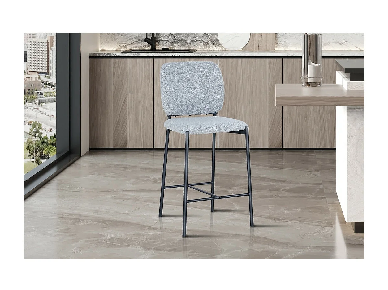Chaise de comptoir RITA – Tissu gris clair – Pieds en métal noir – Hauteur 99 cm – Style design/industriel