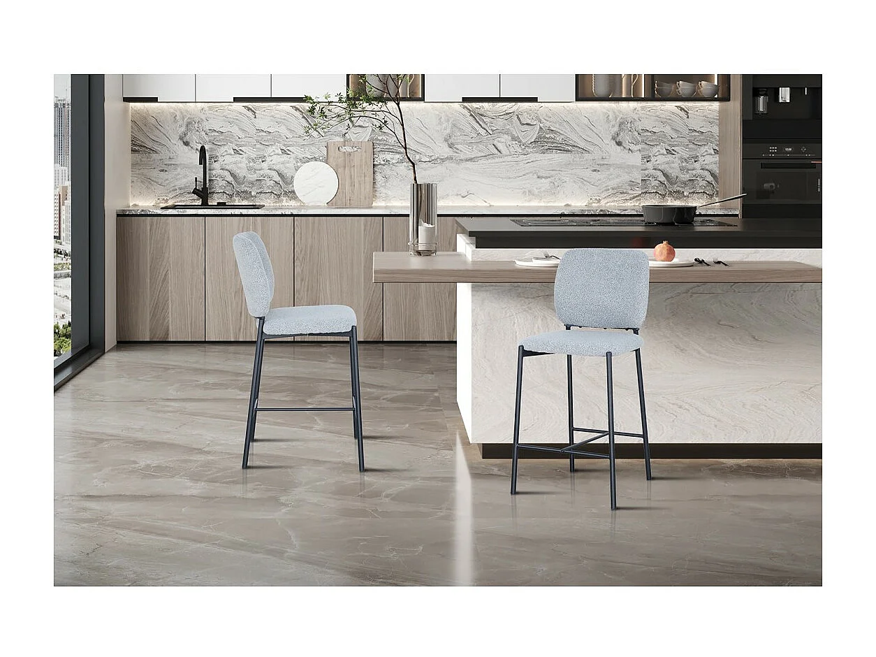 Chaise de comptoir RITA – Tissu gris clair – Pieds en métal noir – Hauteur 99 cm – Style design/industriel