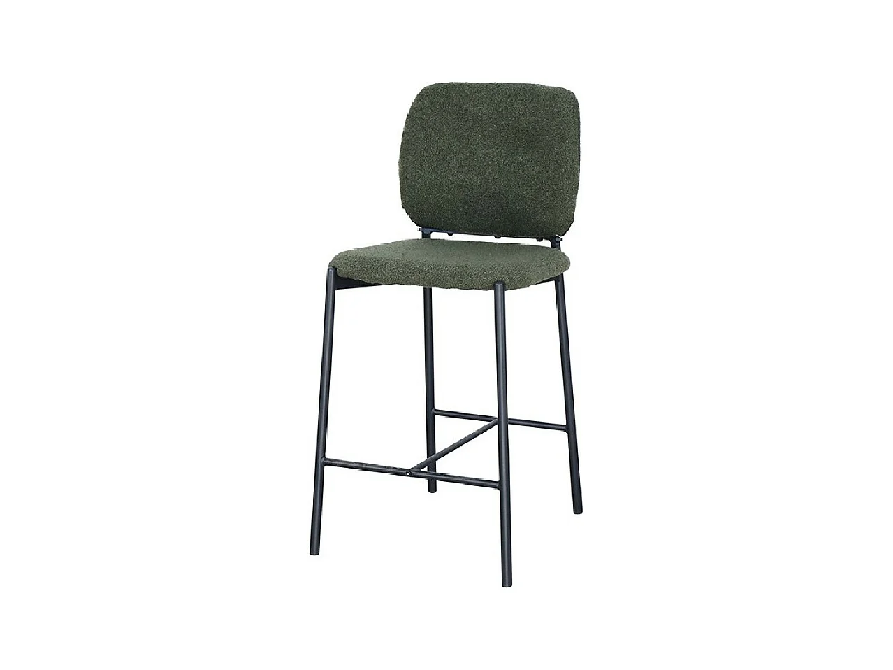 Chaise de comptoir RITA – Tissu vert – Pieds en métal noir – Hauteur 99 cm – Style design/industriel