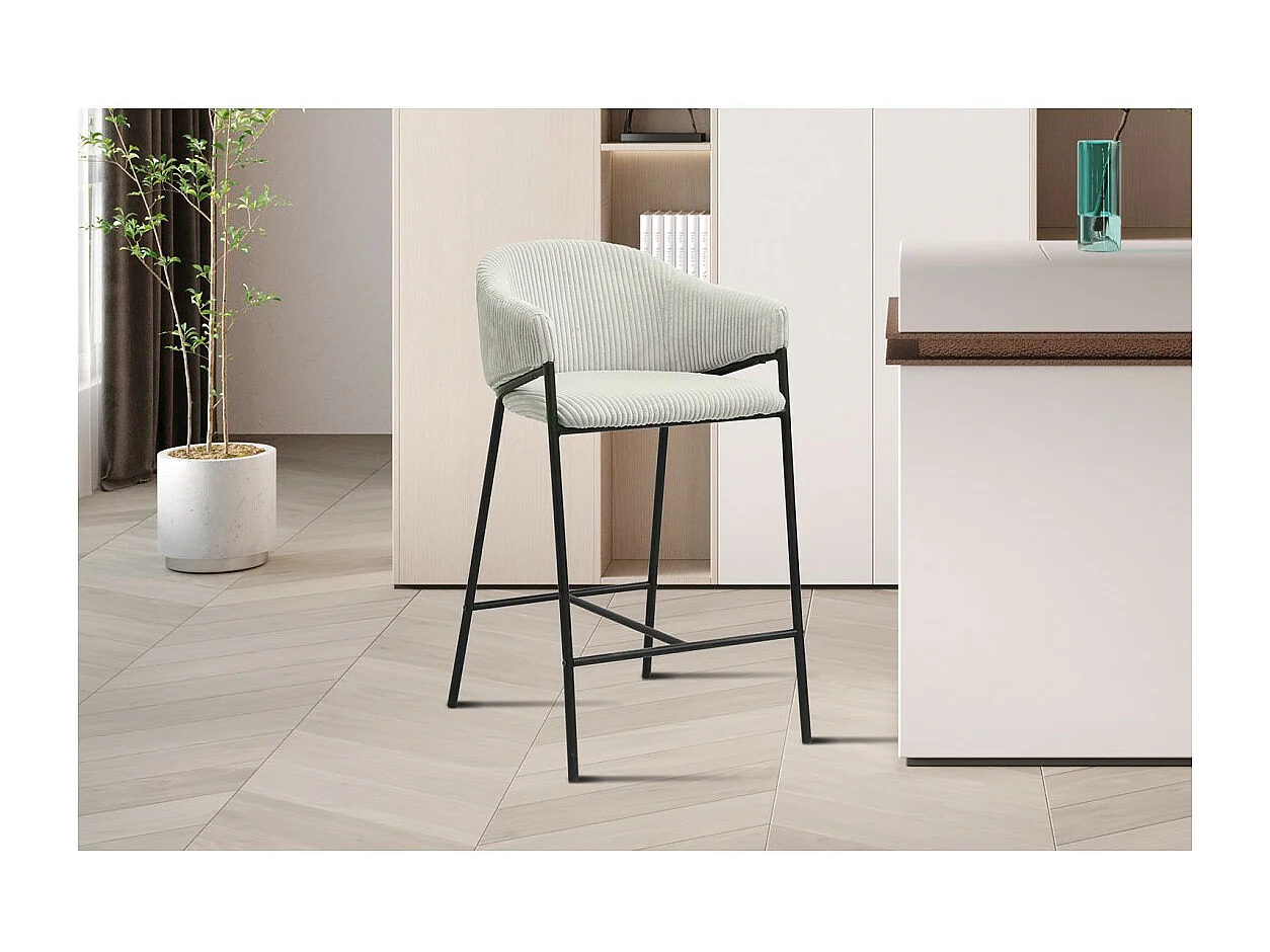 Chaise de comptoir IMANY – Velours côtelé gris clair – Avec accoudoirs – Pieds en métal noir – Style design/industriel