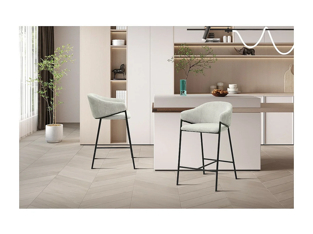 Chaise de comptoir IMANY – Velours côtelé gris clair – Avec accoudoirs – Pieds en métal noir – Style design/industriel