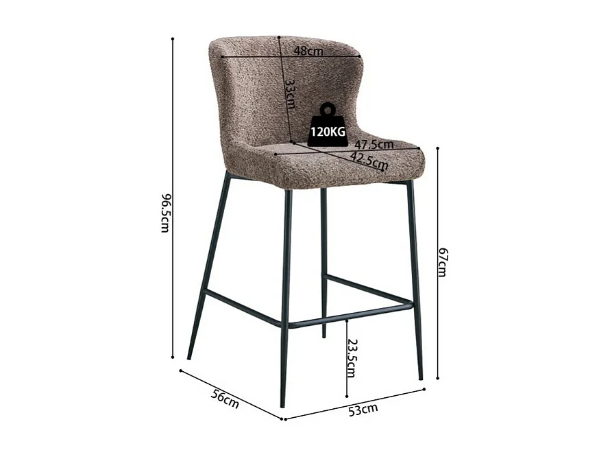 Chaise de comptoir LISE – Tissu bouclé coloris sable – Pieds en métal noir – Style design/industriel