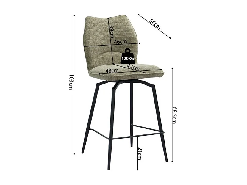 Cadeira de balcão giratória CROFT – Tecido bege areia – Pés de metal preto – Altura 103 cm – Estilo design/industrial