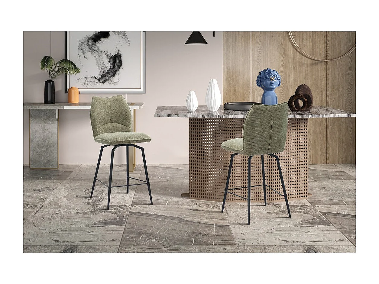 Cadeira de balcão giratória CROFT – Tecido bege areia – Pés de metal preto – Altura 103 cm – Estilo design/industrial