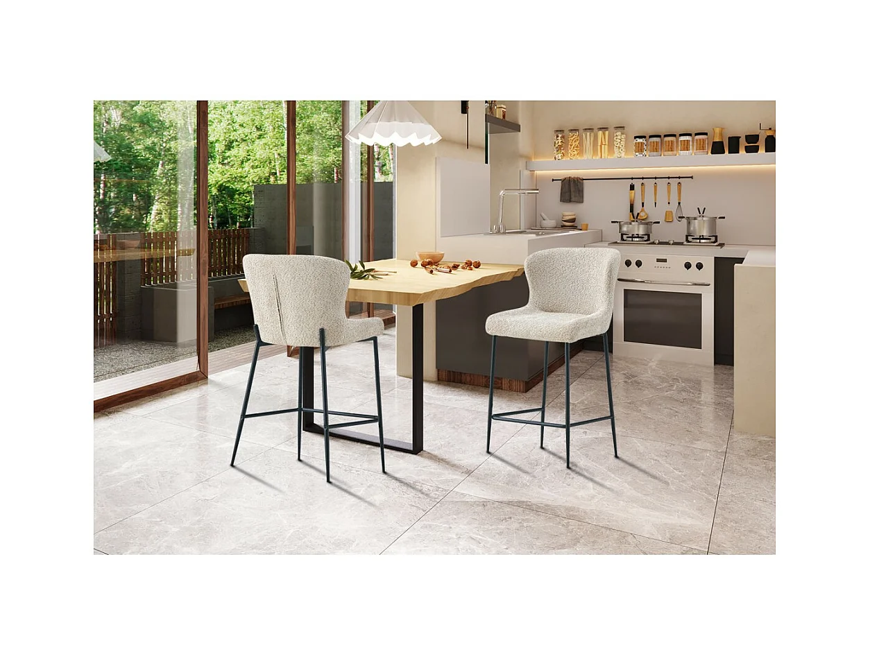 Counterstoel LISE – Beige bouclé stof – Zwarte metalen poten - Design/industriële stijl