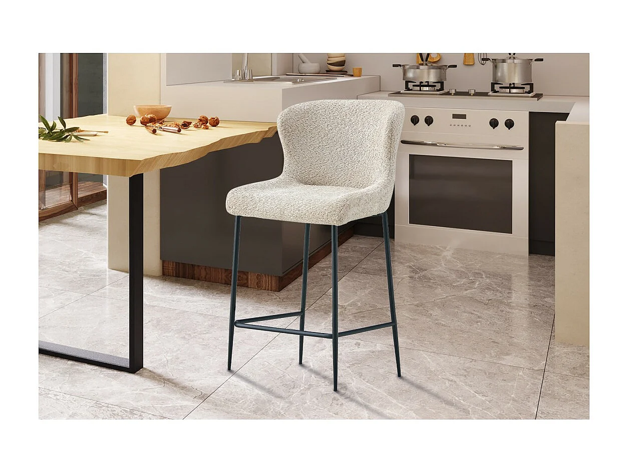 Chaise de comptoir LISE – Tissu bouclé beige – Pieds en métal noir - Style design/industriel
