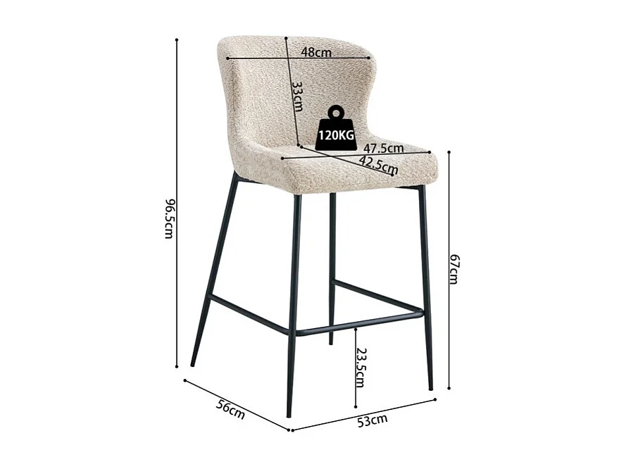 Chaise de comptoir LISE – Tissu bouclé beige – Pieds en métal noir - Style design/industriel