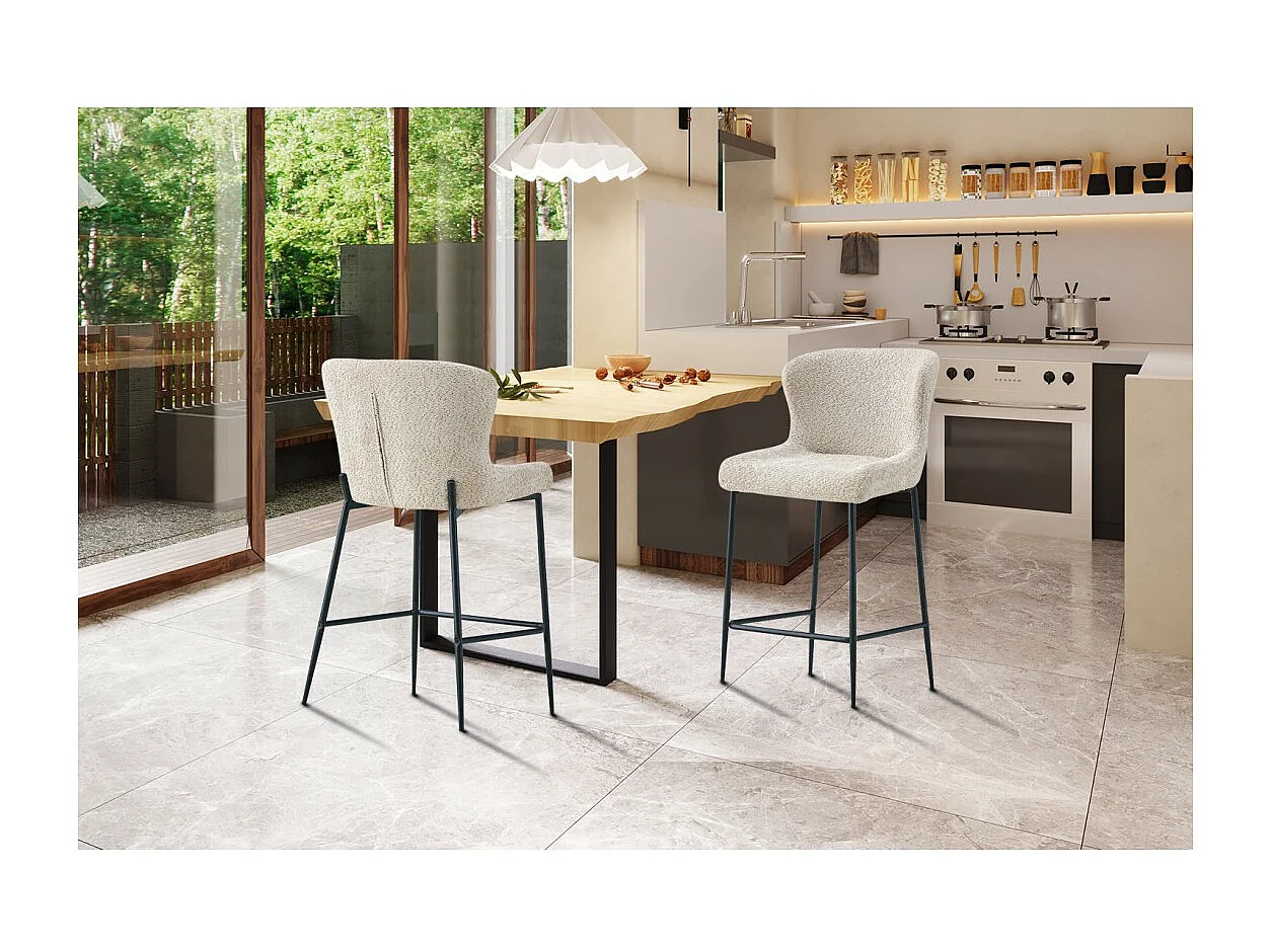 Chaise de comptoir LISE – Tissu bouclé beige – Pieds en métal noir - Style design/industriel