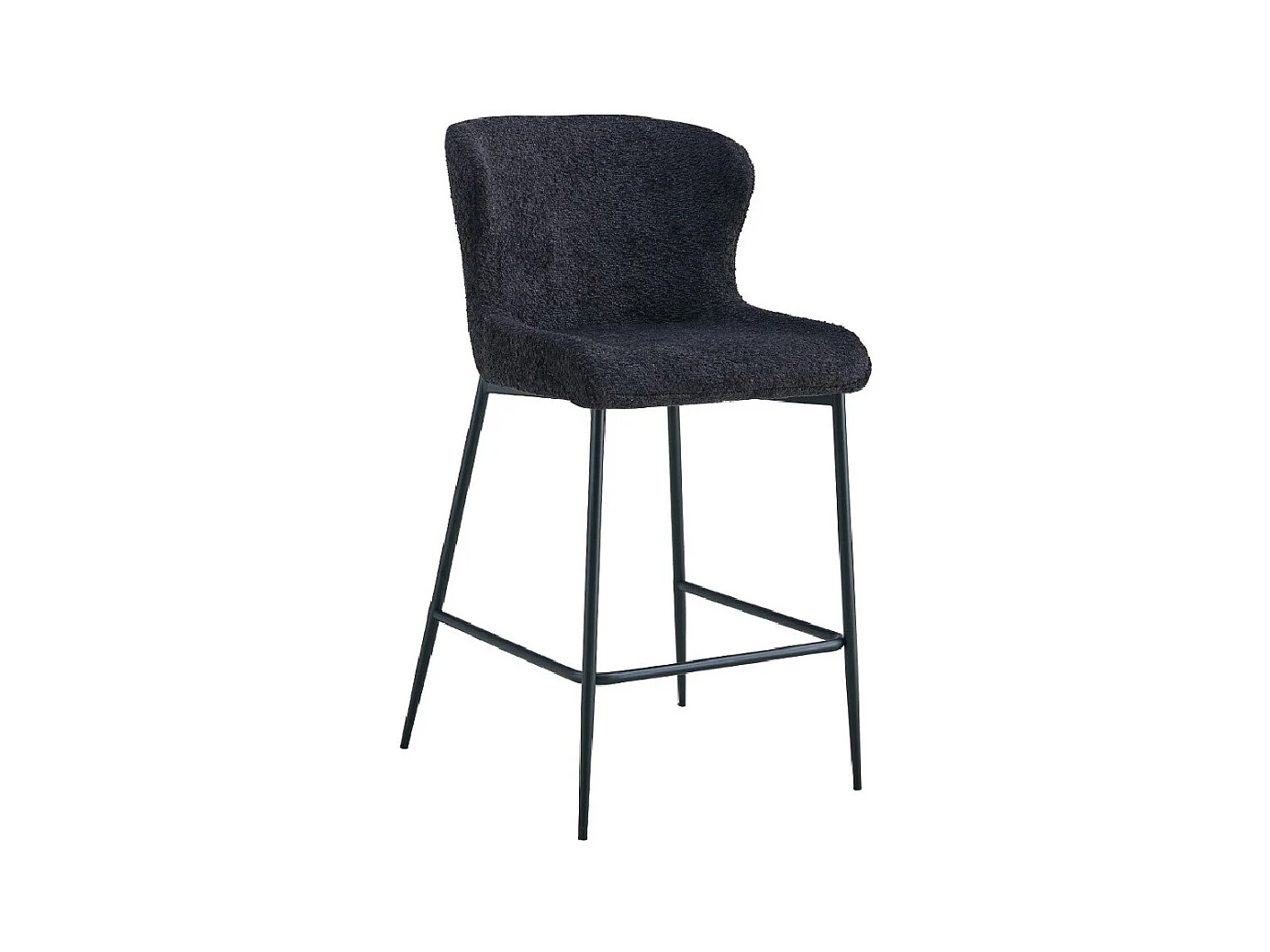 Chaise de comptoir LISE – Tissu bouclé coloris gris foncé – Pieds en métal noir – Style design/industriel