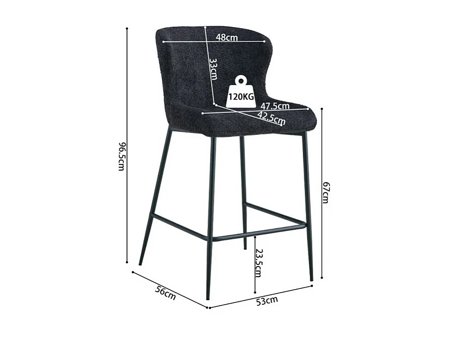 Chaise de comptoir LISE – Tissu bouclé coloris gris foncé – Pieds en métal noir – Style design/industriel
