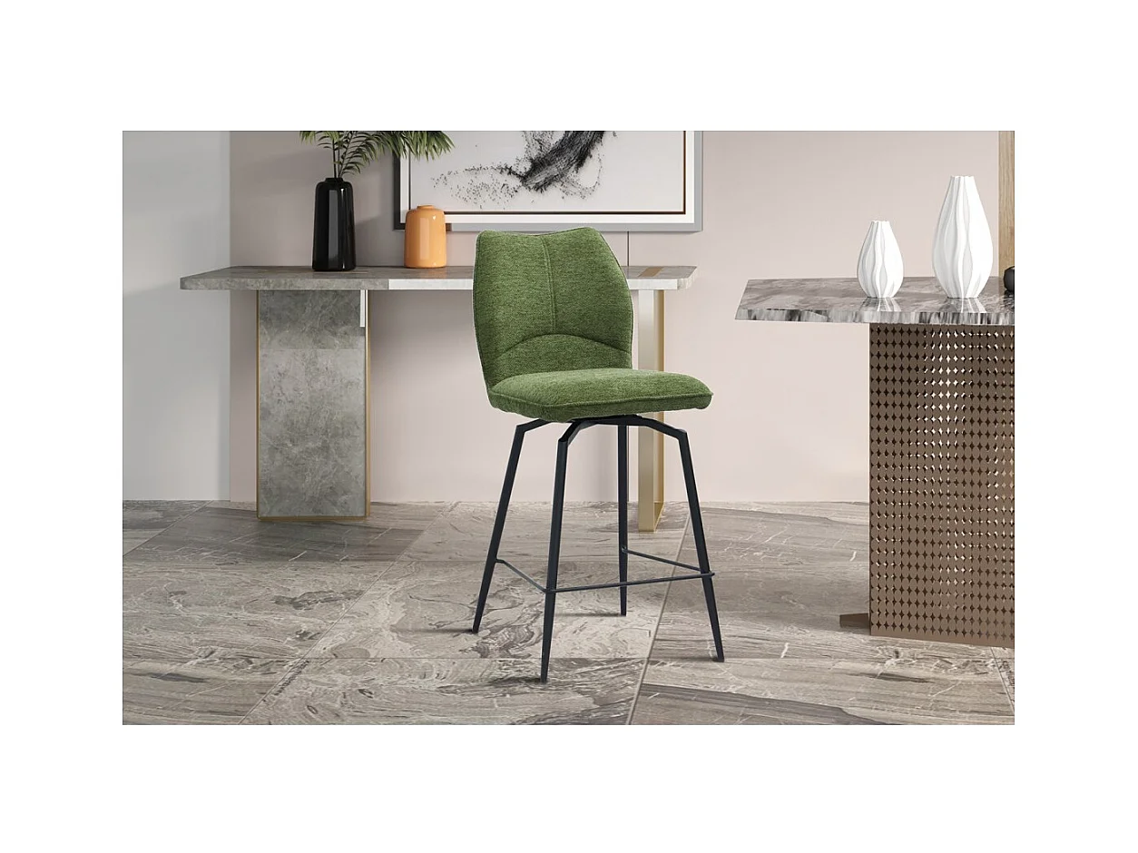 Cadeira de balcão giratória CROFT – Tecido verde – Pés de metal preto – Altura 103 cm – Estilo design/industrial
