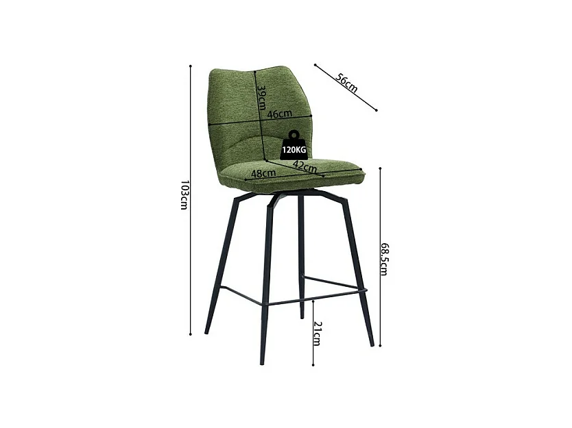 Cadeira de balcão giratória CROFT – Tecido verde – Pés de metal preto – Altura 103 cm – Estilo design/industrial