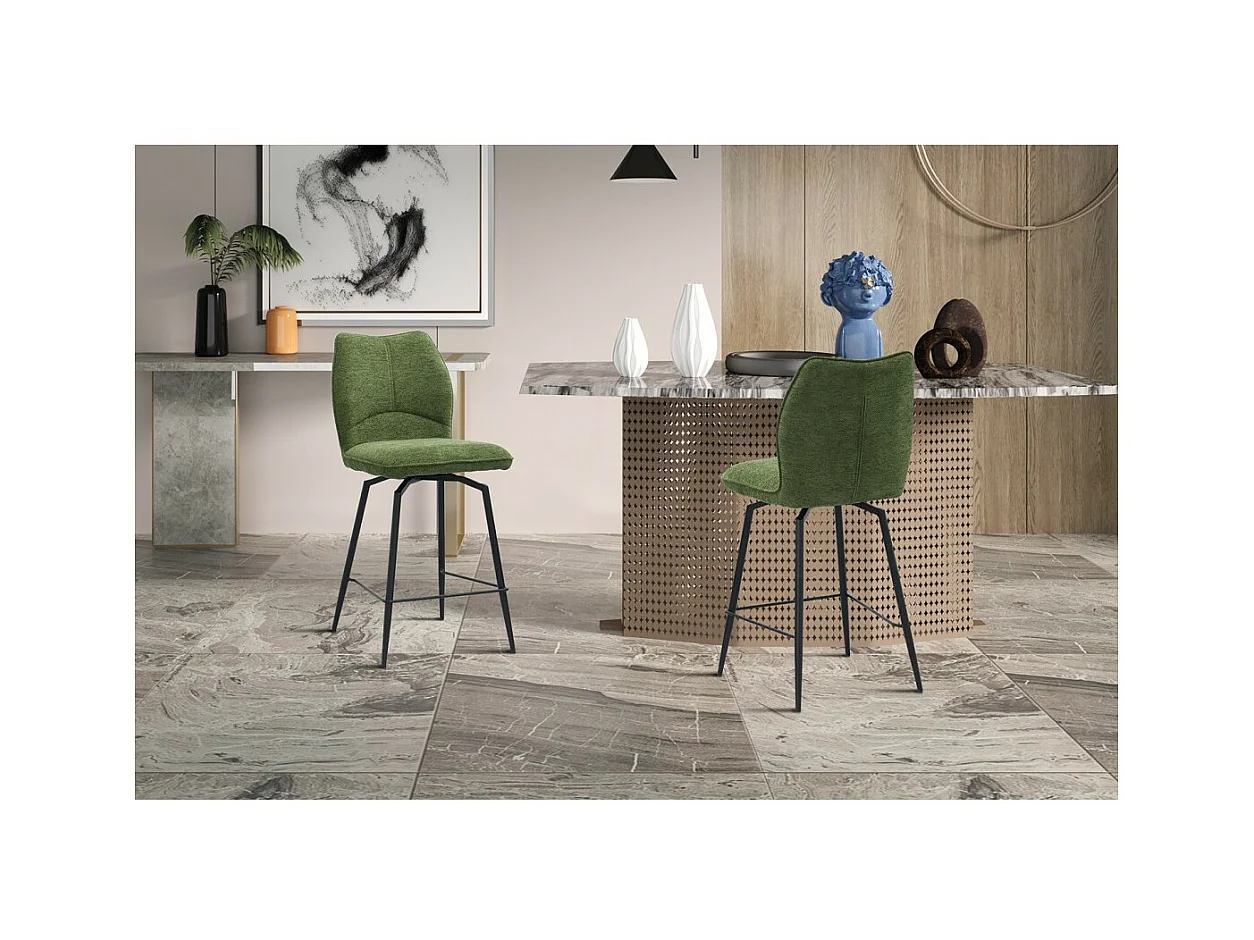 Cadeira de balcão giratória CROFT – Tecido verde – Pés de metal preto – Altura 103 cm – Estilo design/industrial